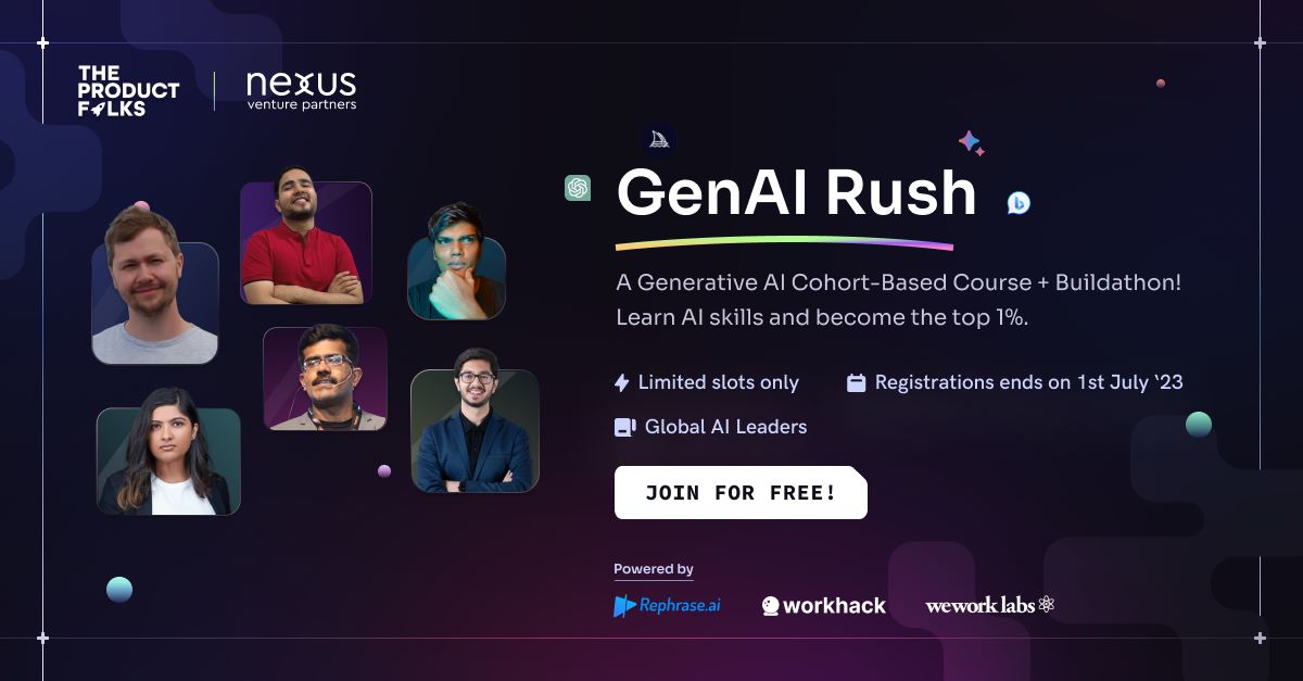 TheProductfolks's tweet card. No prior AI experience is required. Join GenAI Rush for FREE now!
