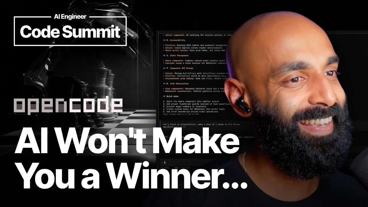 aiDotEngineer's tweet card. AI changes *Nothing* — Dax Raad, OpenCode