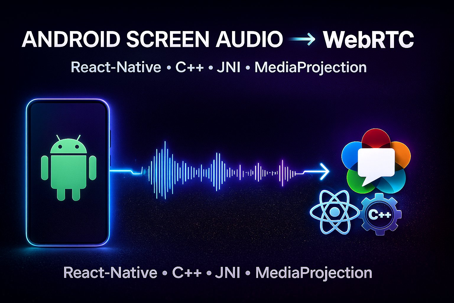HeyAdityaSharma's tweet card. Learn how to capture Android screen audio and send it through WebRTC using React-Native, MediaProjection, AudioPlaybackCapture, JNI, and a custom C++ AudioD