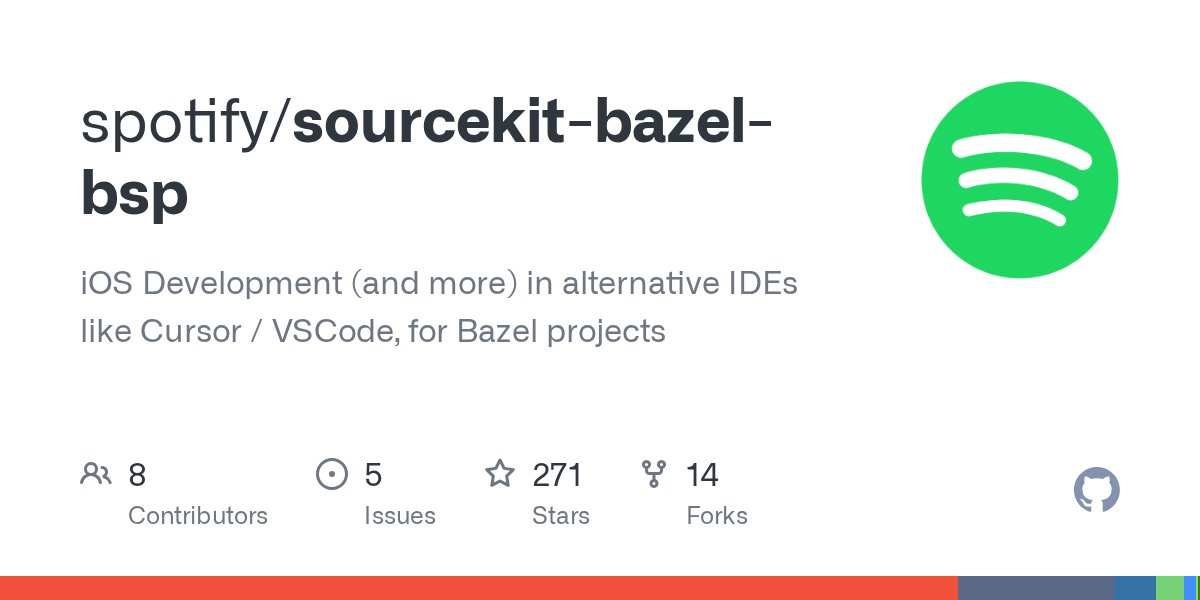 rockbruno_'s tweet card. iOS Development (and more) in alternative IDEs like Cursor / VSCode, for Bazel projects - spotify/sourcekit-bazel-bsp