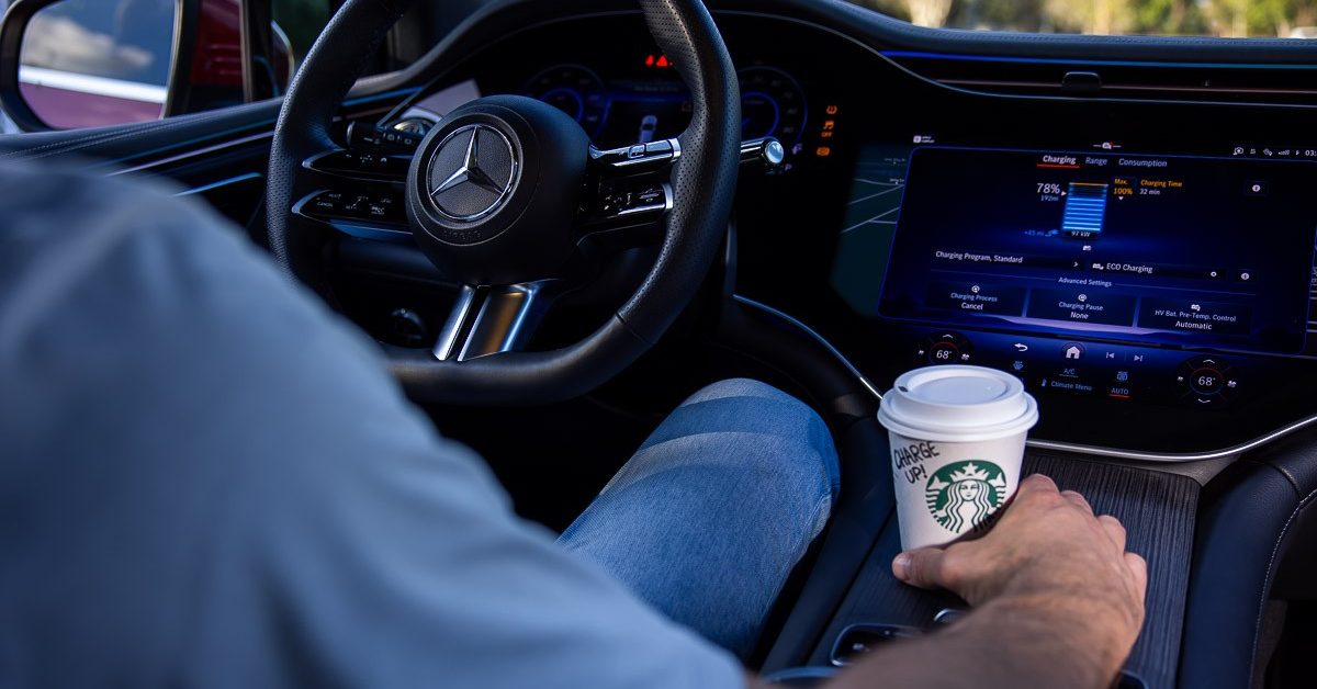 kirillklip's tweet card. Mercedes-Benz High-Power Charging and Starbucks have officially opened their first DC fast charging hub together in northern California.