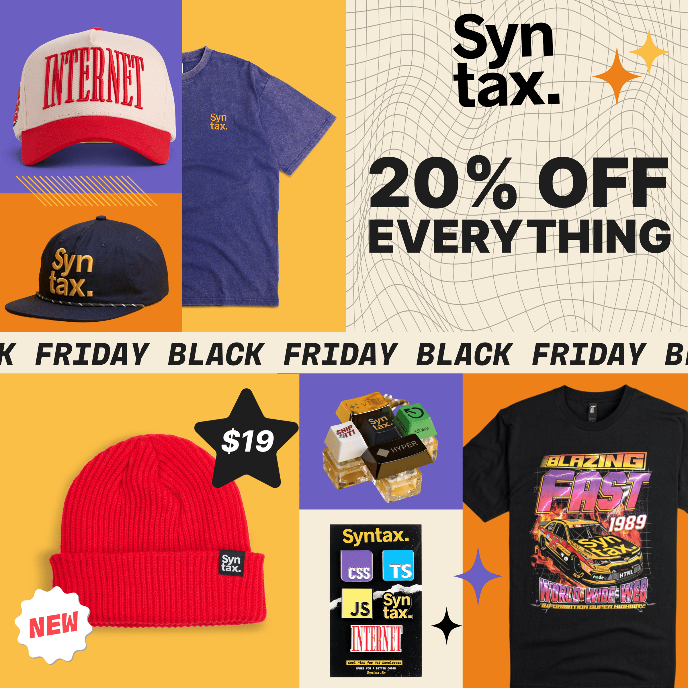 syntaxfm's tweet card. get 20% off all Syntax merch items by subscribing to our biweekly newsletter.