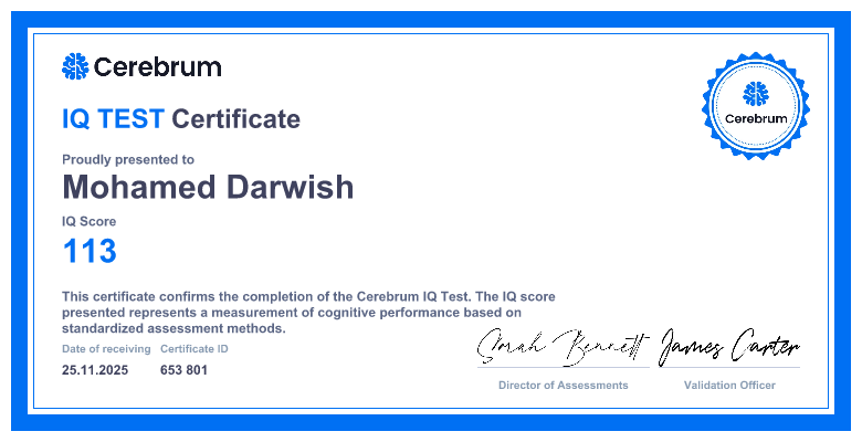 mdarwish2011's tweet card. Take the Cerebrum IQ test online to gauge your intelligence. Quick, precise, and Mensa-style assessment.
