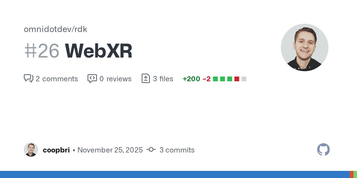 omnidotdev's tweet card. Description Task link: https://runa.omni.dev/workspaces/omni/projects/rdk/dde7e38a-0600-4c78-81ec-41f44de70d23 Added WebXR support, powered by https://github.com/pmndrs/xr Test Steps WIP