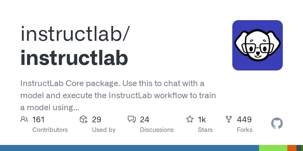 InstructLab's tweet card. InstructLab Core package. Use this to chat with a model and execute the InstructLab workflow to train a model using custom taxonomy data. - instructlab/instructlab