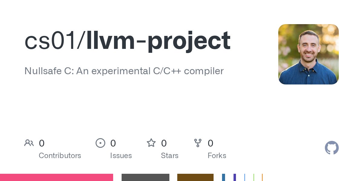 cs01_software's tweet card. Nullsafe C: An experimental C/C++ compiler. Contribute to cs01/llvm-project development by creating an account on GitHub.