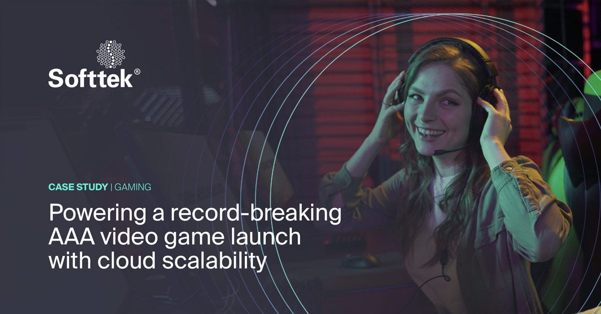 Softtek's tweet card. Drive business forward with scalable cloud infrastructure for AAA game launches.
