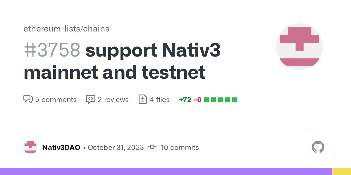 EthereumLists's tweet card. NATIV3 IS A LAYER3 LEADER ON ARBITRUM. Nativ3 Mainnet chainId : 399 rpc: https://rpc.nativ3.network Nativ3 Testnet chainId : 333333 rpc: https://rpctest.nativ3.network