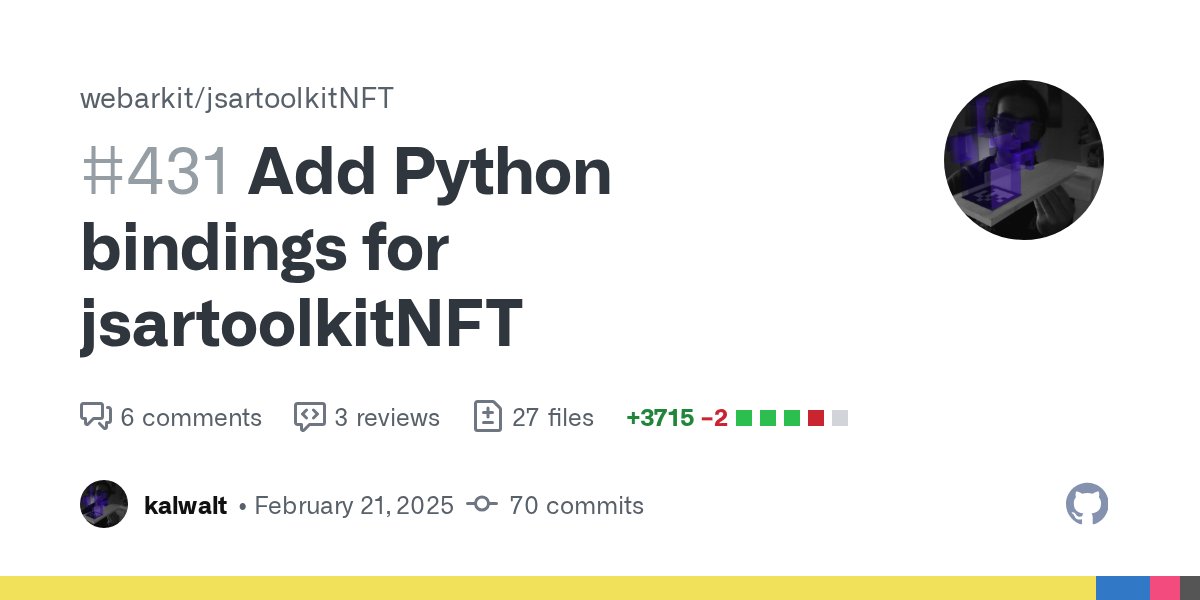 WebarkitO's tweet card. Python bindings for JsartoolkitNFT In this PR i want to develop python bindings for jsartoolkitNFT. Of course, this means i will not transpile typescript/javascript code to python, instead i create...