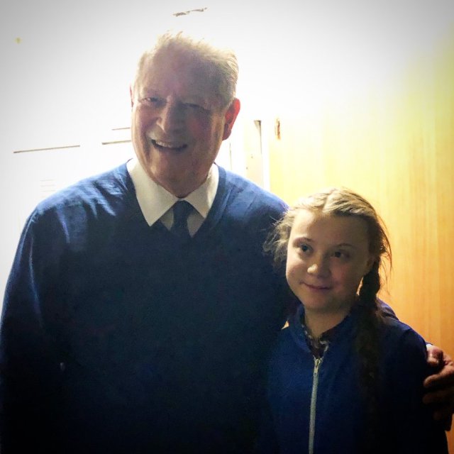 retroprogress's tweet card. Al Gore and Greta Thunberg met in December 2018 at the COP24 held in Poland, in Katowice. There the young activist made her first public intervention outside Sweden. They met and a photograph was t…