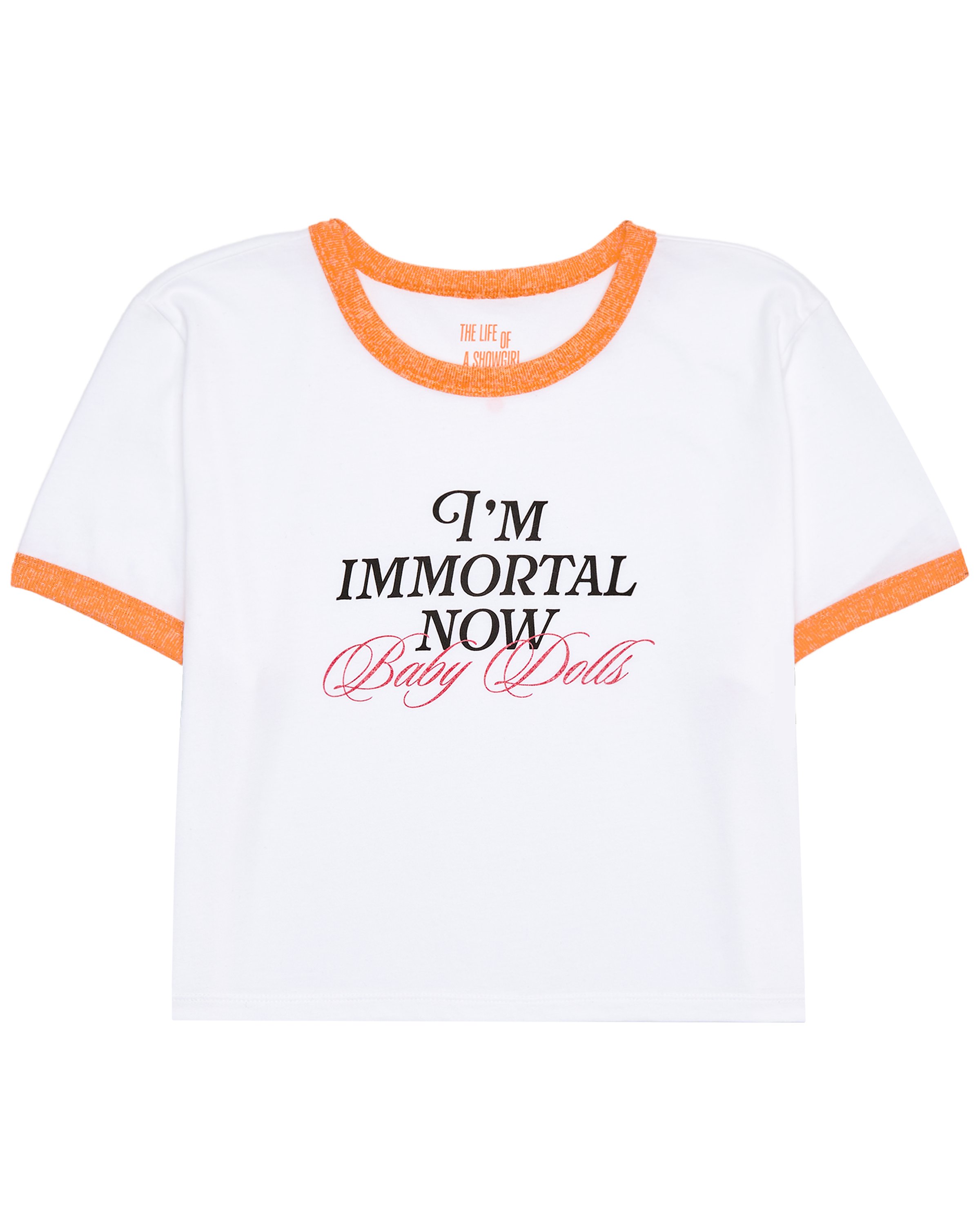 swiftpitch_uk's tweet card. Ships within 3 daysWhite and orange lurex ringer baby t-shirt featuring "i'm immortal now" song lyrics printed in black and "baby dolls" song lyrics in red sparkle print on front.Baby t-shirt...