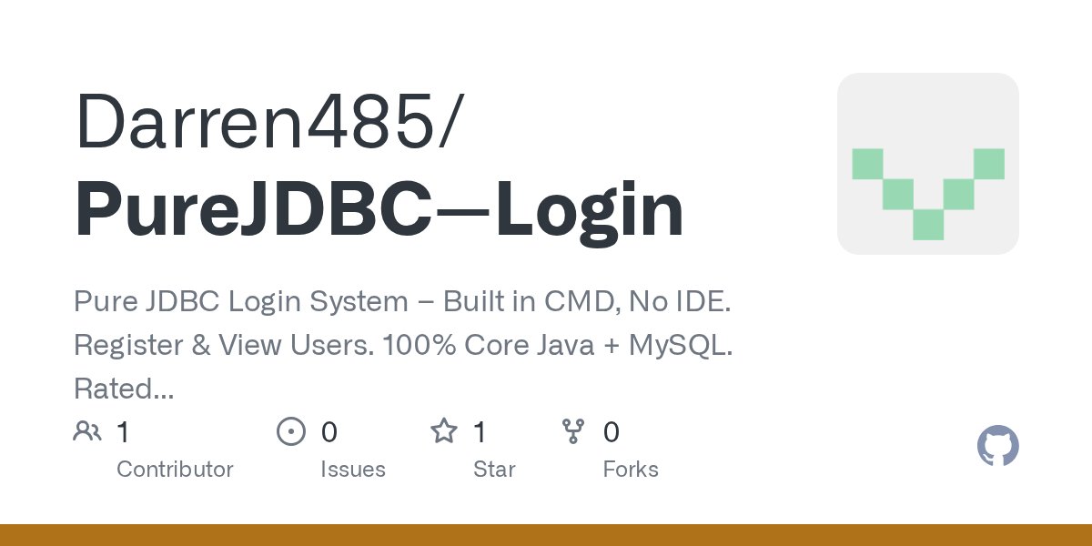 darrenasuquo's tweet card. Pure JDBC Login System – Built in CMD, No IDE. Register & View Users. 100% Core Java + MySQL. Rated 9.2/10. Next: Spring Boot + JWT. 🇳🇬 - Darren485/PureJDBC--Login