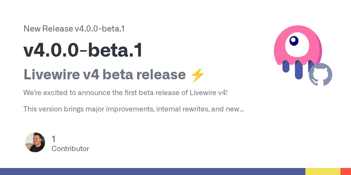 joshcirre's tweet card. Livewire v4 beta release ⚡️ We’re excited to announce the first beta release of Livewire v4! This version brings major improvements, internal rewrites, and new features. Things are still in progres...