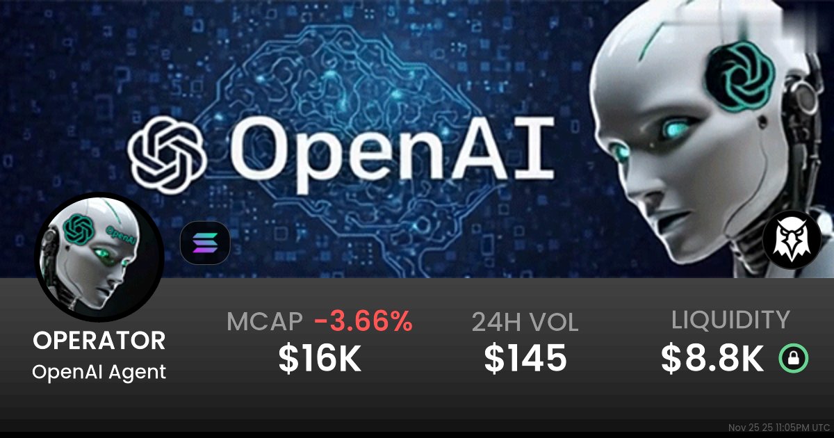 OpenAIXAI's tweet card. $0.00000000001619 OpenAI Agent (OPERATOR) realtime price charts, trading history and info - OPERATOR / SOL on Solana / Raydium