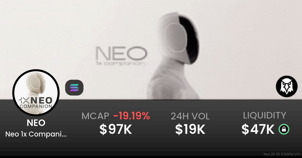 0xBot_project's tweet card. $0.00009764 Neo 1x Companion (NEO) realtime price charts, trading history and info - NEO / SOL on Solana / PumpSwap