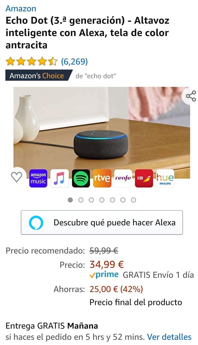 NuevoAndroid's tweet card. Echo dot 3 por 34.99 en lugar de 59.99