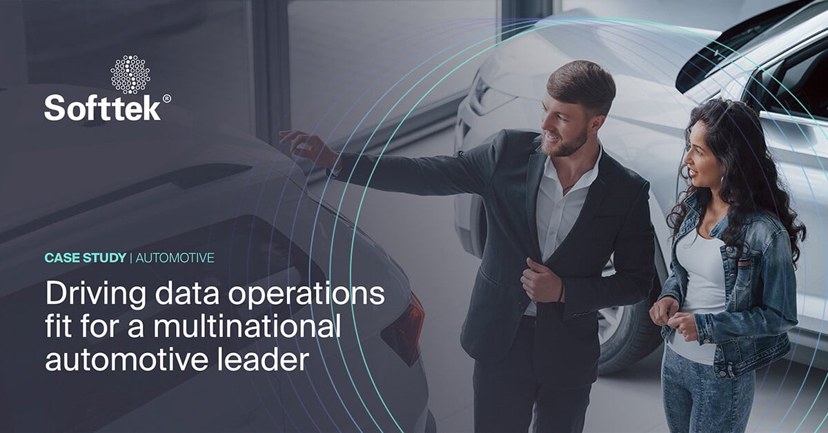 Softtek's tweet card. Drive business forward with enterprise data infrastructure modernization for global automotive brands.