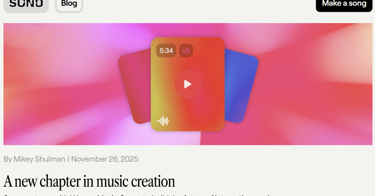 itmedia_news's tweet card. 3大レコードレーベルの1つWarner Music Group（WMG）は、音楽生成AIサービスSunoとライセンス契約を結んだと発表した。WMGはオプトインしたアーティストの楽曲等をAI音楽生成に利用可能にする。SunoはWMGから音楽検索プラットフォームのSongkickを買収したことも明らかにした。