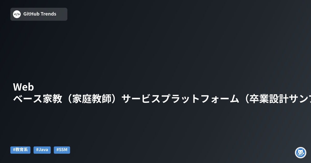 GithubMatome's tweet card. JavaとSSM/Spring Bootを中心に構成された、Webベースの家教（家庭教師）サービスプラットフォームの卒業設計プロジェクト。ユーザー管理、需求管理、家教（教師）管理、予約管理などの基本機能を備え、フロントエンドはVue/JS、データ層はMySQLで構築。ソースコード・ドキュメント・開題報告から答辩補助まで一式を提供する実戦向けサンプルで、学習や卒業設計のテンプレートとして活用できる。