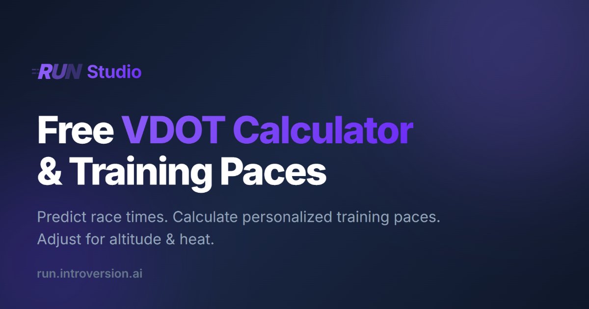 introversionAI's tweet card. Free VDOT calculator with training pace ranges, altitude & heat adjustments. Predict race times using Jack Daniels method. No ads. Mobile-friendly.