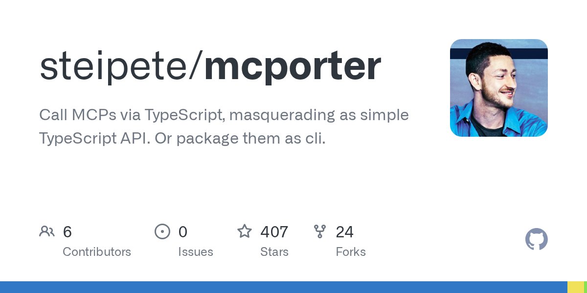 steipete's tweet card. Call MCPs via TypeScript, masquerading as simple TypeScript API. Or package them as cli. - steipete/mcporter