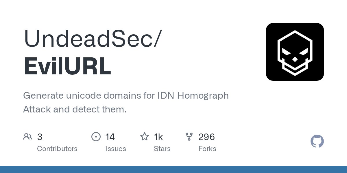 HackingTeam777's tweet card. Generate unicode domains for IDN Homograph Attack and detect them. - UndeadSec/EvilURL