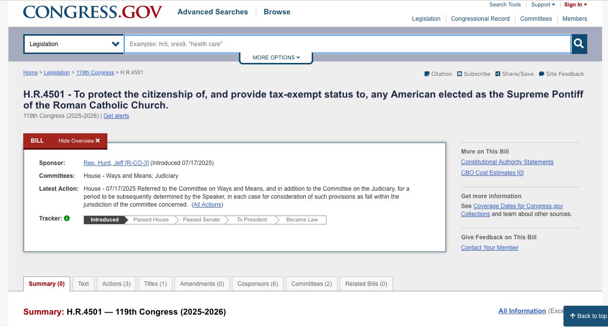 ExpatriationLaw's tweet card. Congressman Jeff Hurd's H.R. 4501 to exempt Pope Leo from U.S. citizenship taxation is an argument to abolish citizenship taxation.