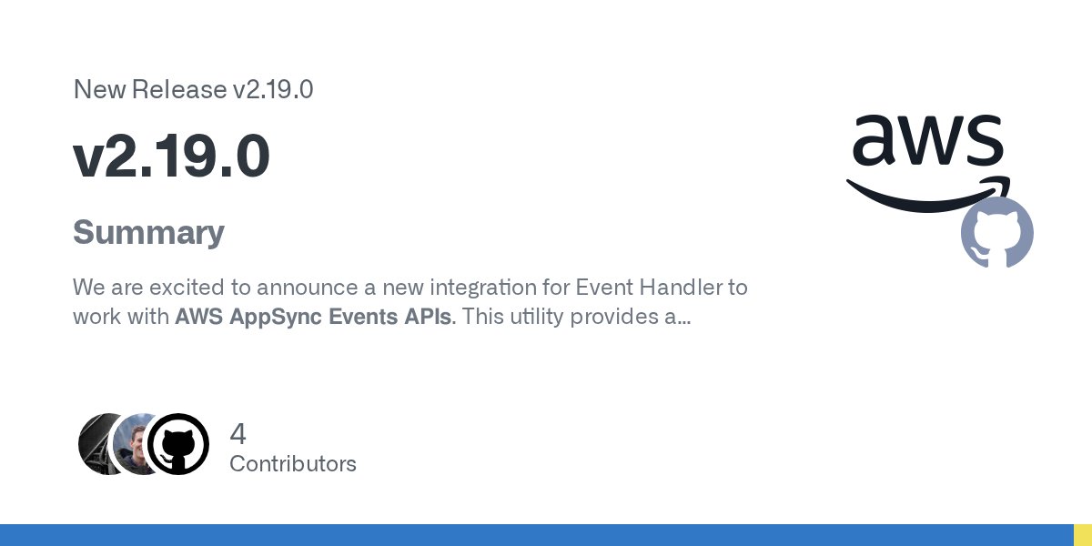 dreamorosi's tweet card. Summary We are excited to announce a new integration for Event Handler to work with AWS AppSync Events APIs. This utility provides a structured way to handle AppSync real-time events through dedica...