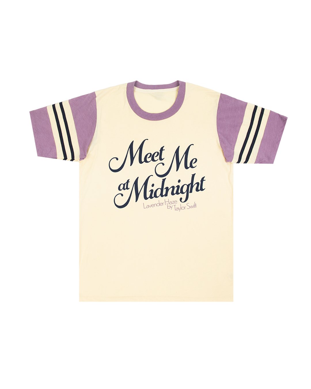 AlertsForMerch's tweet card. White and purple ringer t-shirt featuring the words "Meet Me At Midnight" and "Lavender Haze by Taylor Swift" printed on front. 60% cotton, 40% polyester Limit 10 per order. Taylor Swift® ©2023 TAS...
