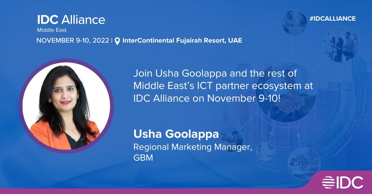 RonitaDXB's tweet card. Look forward to connecting with Usha Goolappa at the region's LARGEST gathering of the partner ecosystem on 9-10 November at InterContinental Fujairah! #IDCAlliance Usha thank you for the continued...