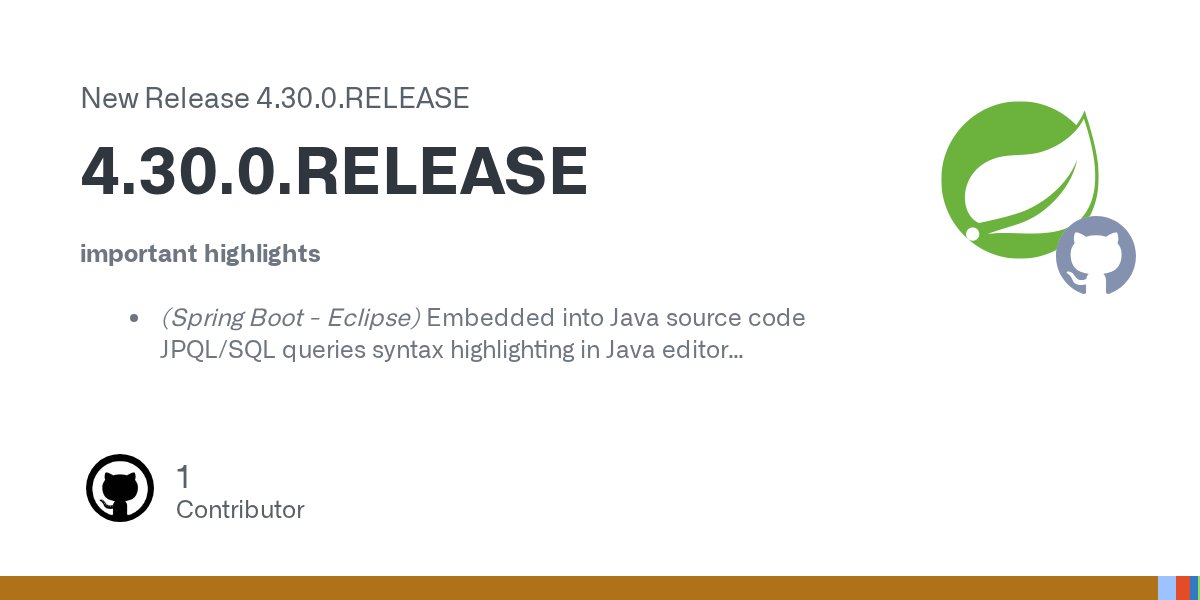 springtools4's tweet card. important highlights (Spring Boot - Eclipse) Embedded into Java source code JPQL/SQL queries syntax highlighting in Java editor (Spring Boot) Support for new functional bean registrations via Bean...