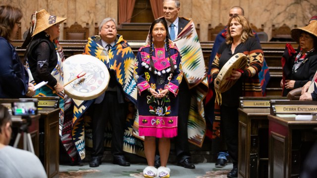 bluecorncomics's tweet card. Washington State Rep. Debra Lekanoff (D), who is the first Native American woman to ever be elected to the state’s House of Representatives, was sworn into office wearing traditional regalia t…