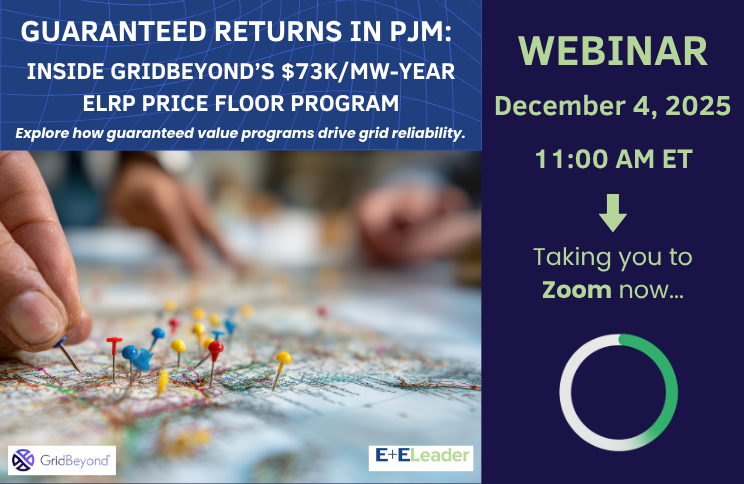 E_E_Leader's tweet card. Capacity prices across PJM are climbing fast. Join GridBeyond experts right here on Dec. 4 to learn how the new ELRP Price Floor Program guarantees $73K/MW-year returns and helps businesses plan...