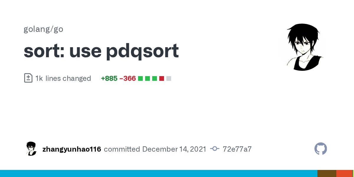 golangnews's tweet card. - Across all benchmarks, pdqsort is never significantly slower than the previous algorithm. - In common patterns, pdqsort is often faster (i.e. 10x faster in sorted slices). The pdqsort is describ...