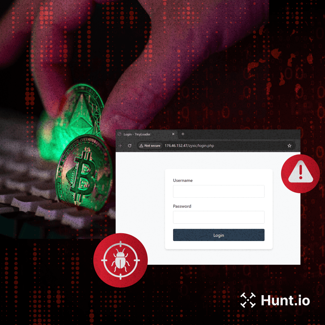 Huntio's tweet card. Investigation into TinyLoader malware stealing cryptocurrency via Redline Stealer, USB spread, and C2 infrastructure.