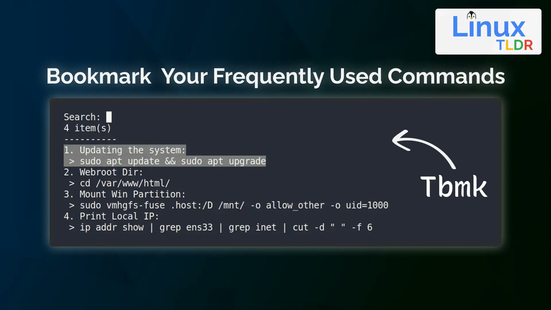 linux_tldr's tweet card. Tbmk, also known as Terminal Bookmarker, is the best tool to reuse commonly used commands by bookmarking them in Linux.