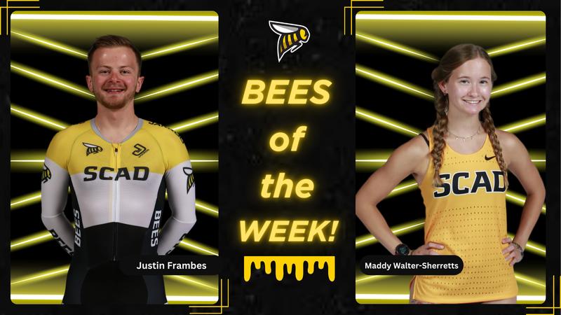 SCAD_SavSports's tweet card. Justin Frambes of the cycling team and Maddy Walter-Sherretts of the cross-country team have been named Bees of the Week for the week ending on October 6th.