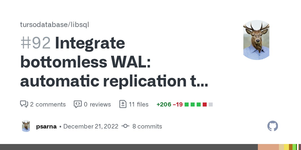 penberg's tweet card. This patchset integrates libSQL with https://github.com/libsql/bottomless - an optional extension which adds transparent automatic replication to S3-compatible storage. It only works in WAL mode, b...