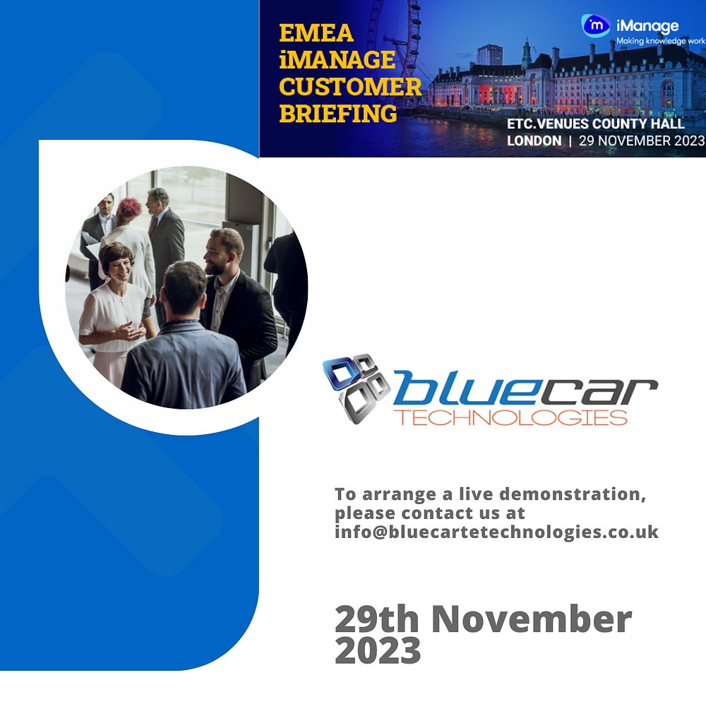 bluecartech's tweet card. Blue Car Technologies is exhibiting at EMEA iManage Customer Briefing in London. We are excited to have an opportunity to meet our partners, customers, corporate and legal professionals in person.A...