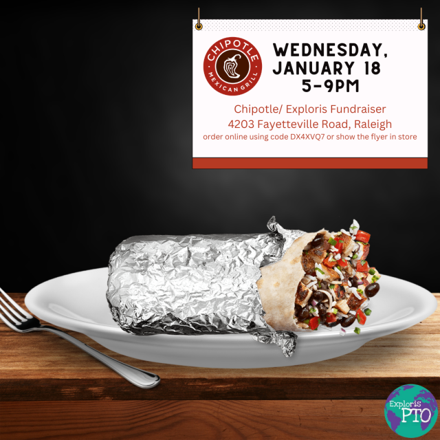 ExplorisPTO's tweet card. I don’t know about you, but coming back from a 3 day weekend always throws us off a bit. Good news! We are having a fundraiser tonight at Chipotle, all you have to do is order online for pick…