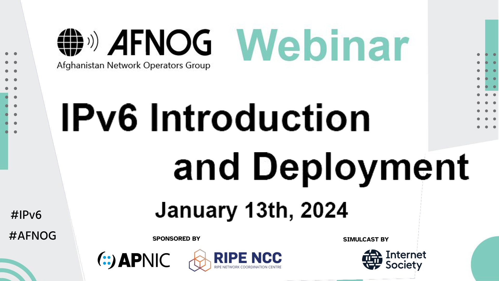 ISOC_Live's tweet card. On Saturday January 13, 2024 at 13:30-16:00 AFT (09:00-11:30 UTC) the Afghanistan Network Operators Group (AFNOG) presents a training webinar ‘IPv6 Introduction and Deployment‘. The first in a series...