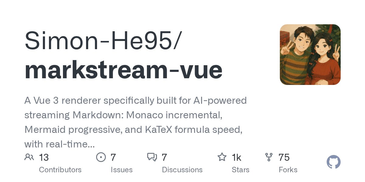 daisuke's tweet card. A Vue 3 renderer specifically built for AI-powered streaming Markdown: Monaco incremental, Mermaid progressive, and KaTeX formula speed, with real-time updates and no jitter, ready to use out of th...