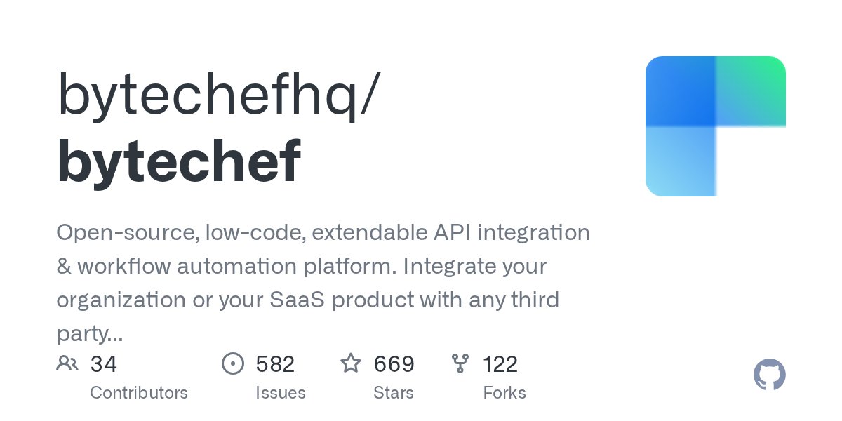 CodeTrendr's tweet card. Open-source, low-code, extendable API integration & workflow automation platform. Integrate your organization or your SaaS product with any third party API - bytechefhq/bytechef