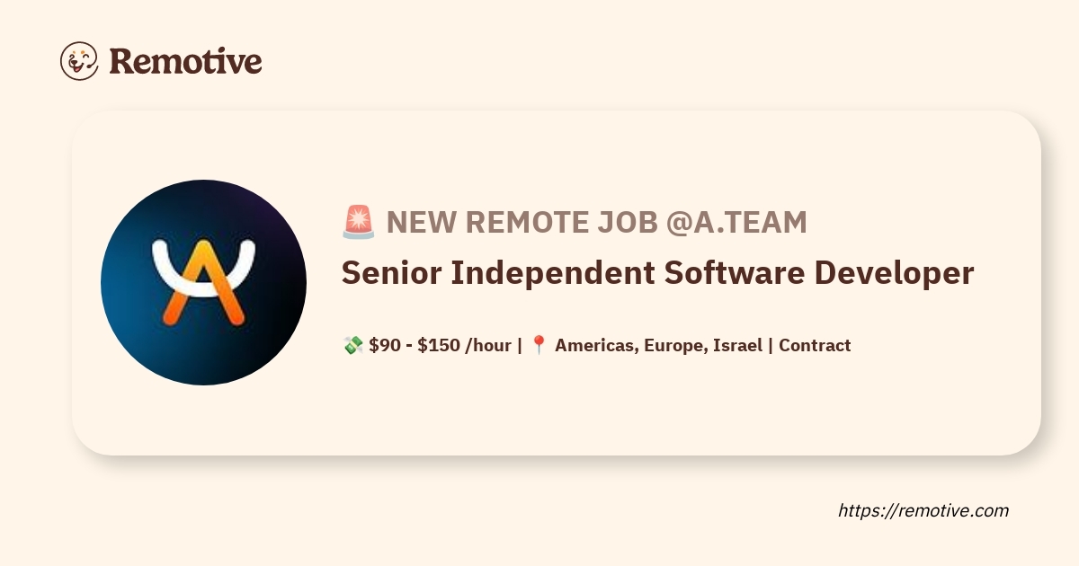 remotiveio's tweet card. Nov 16, 2025 - A.Team is hiring a remote Senior Independent Software Developer. 💸 Salary: $90 - $150 /hour. 📍Location: Americas, Europe, Israel.