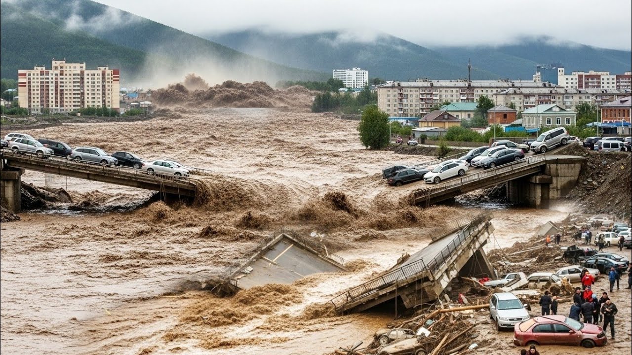 oncams79's tweet card. Mud Tsunami in Russia! Tyrnyauz Town Evacuated, Roads Destroyed,...