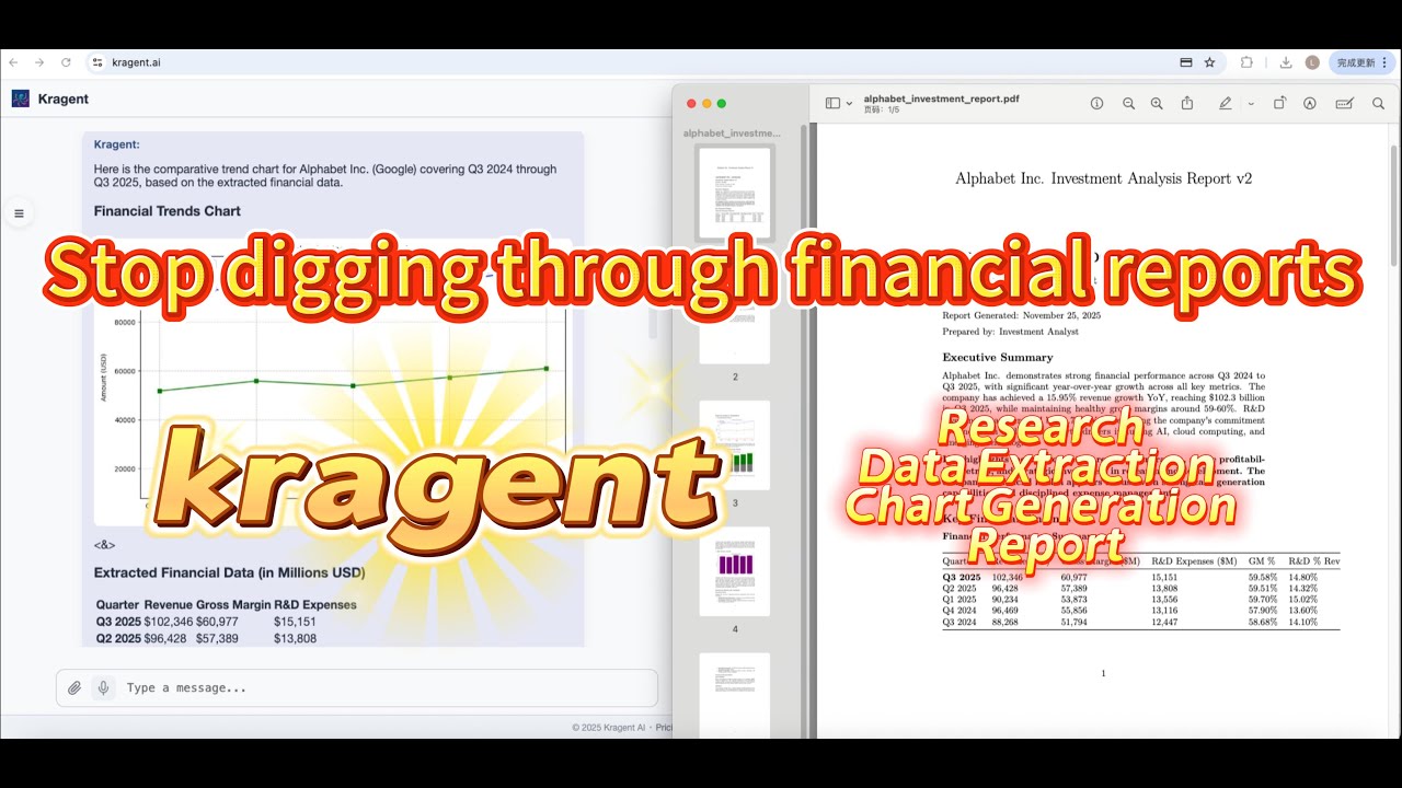 KragentAI's tweet card. Financial Analysis: Kragent AI Automates Research, Data, Charts, and...
