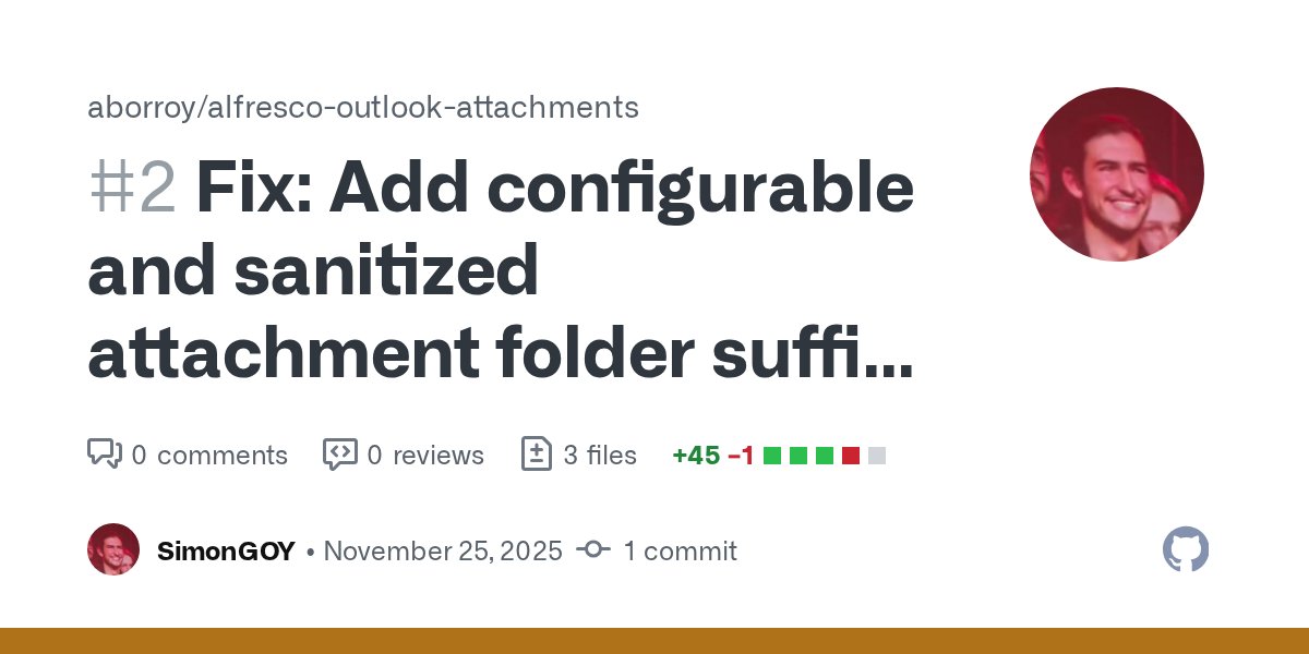 AngelBorroy's tweet card. Fixes #1 Problem The original code used a hardcoded suffix ("-attachments") for attachment folders without external configuration support or error handling. This caused: No abili...
