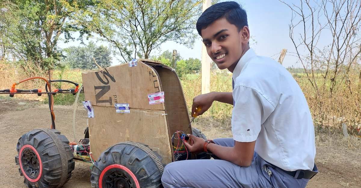 thebetterindia's tweet card. Aditya Pingale's KrushiBot is a smart farming robot designed to automate pesticide spraying, easing farmers’ workload.