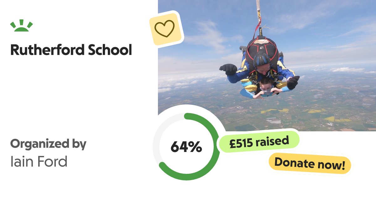 Joshowen8Co's tweet card. This September 2025, I’ll be taking on a skydiving challenge from 12,000–15,000 feet (weather permitting!)… Iain Ford needs your support for Rutherford School
