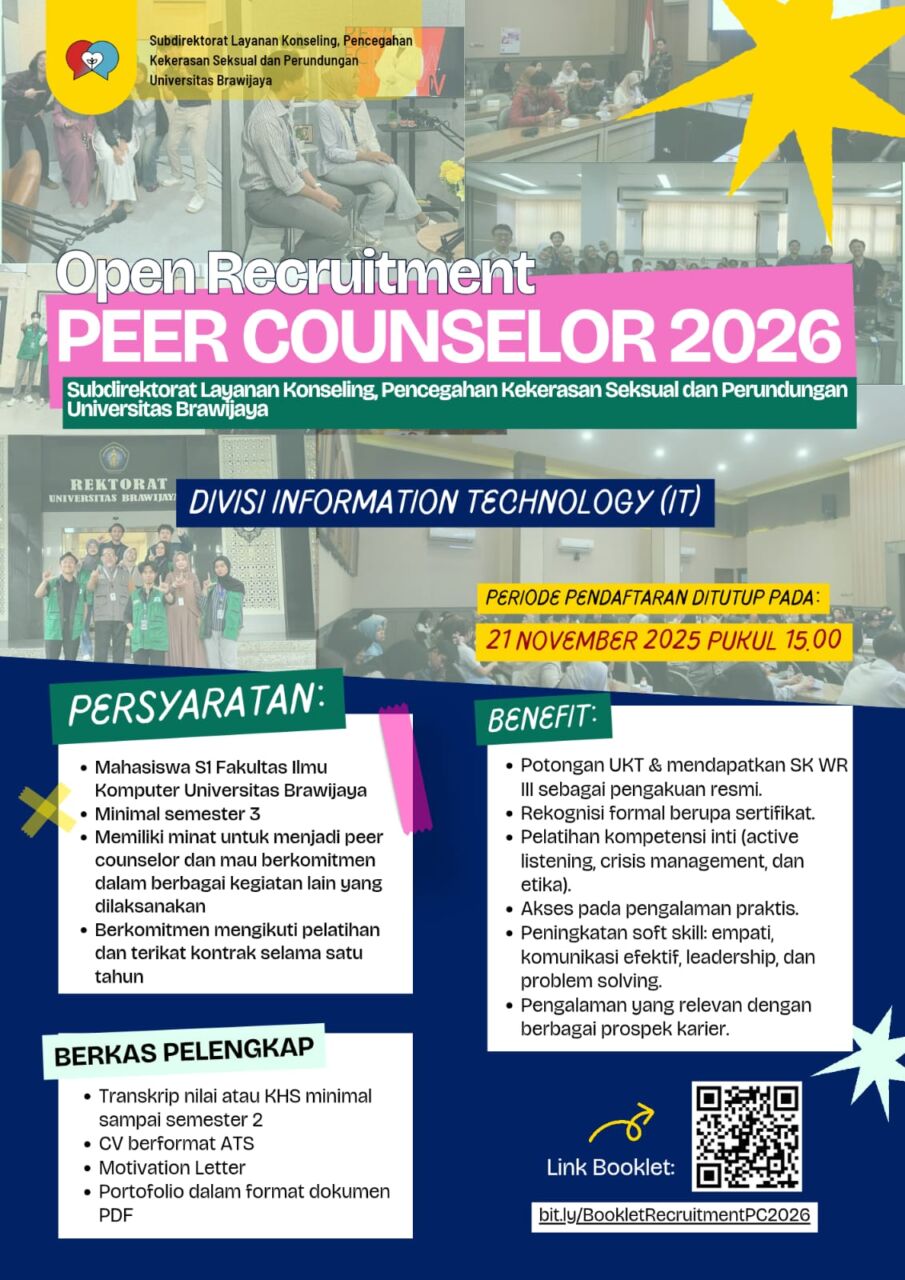 filkomUB's tweet card. Saatnya kamu menjadi bagian dari perjalanan mendampingi, mendengarkan, dan bertumbuh bersama mahasiswa Universitas Brawijaya! Divisi yang dibuka: Divisi Information Technology (IT) Persyaratan:...